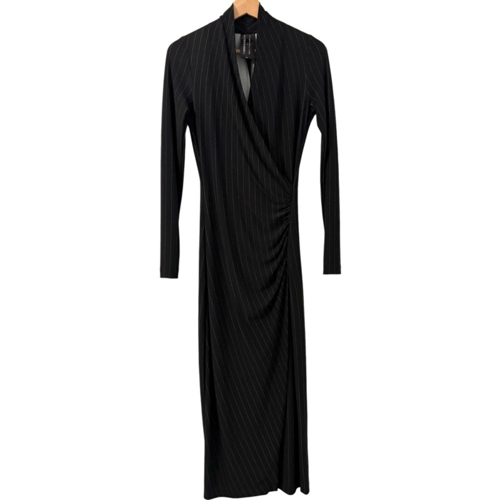 Norma Kamali Faux Wrap Jersey Pinstripe Sheath Maxi Dress in Black Size XS - Picture 6 of 11